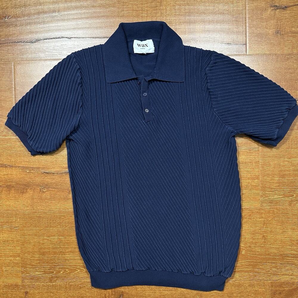 Wax London Polo Shirt Mens S Blue Ribbed Textured Old Money Quiet Luxury Retro